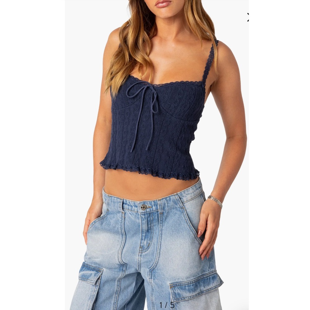 Edikted Blue Lace Trim Cami Crop Top Tie Front‎ Sleeveless Tank Top